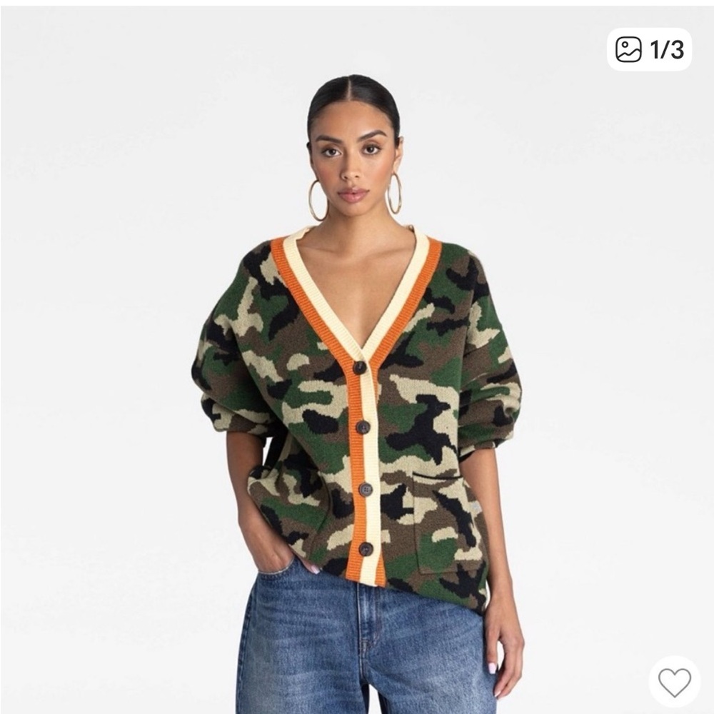 Camouflage V-Neck Cardigan with Orange Trim